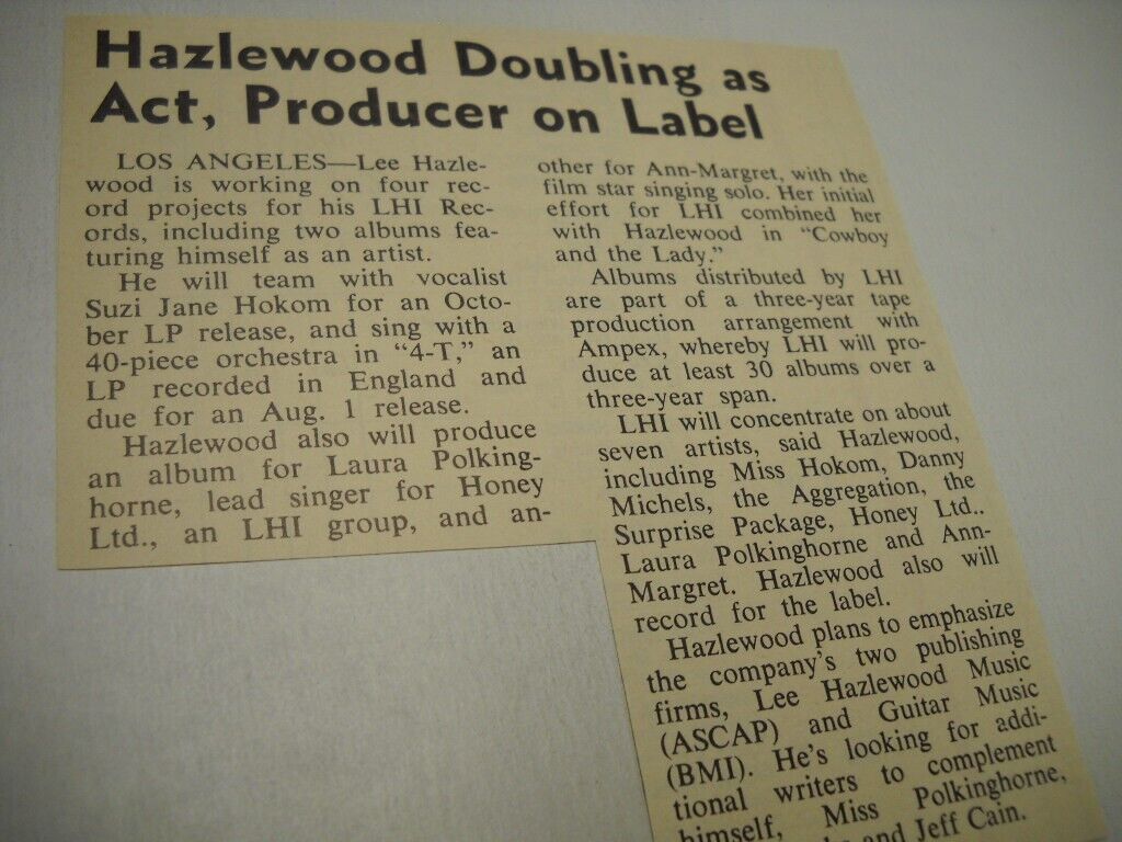 Lee Hazlewood Doubles As Act And Producer Detailed 1969 Music Biz Trade Article