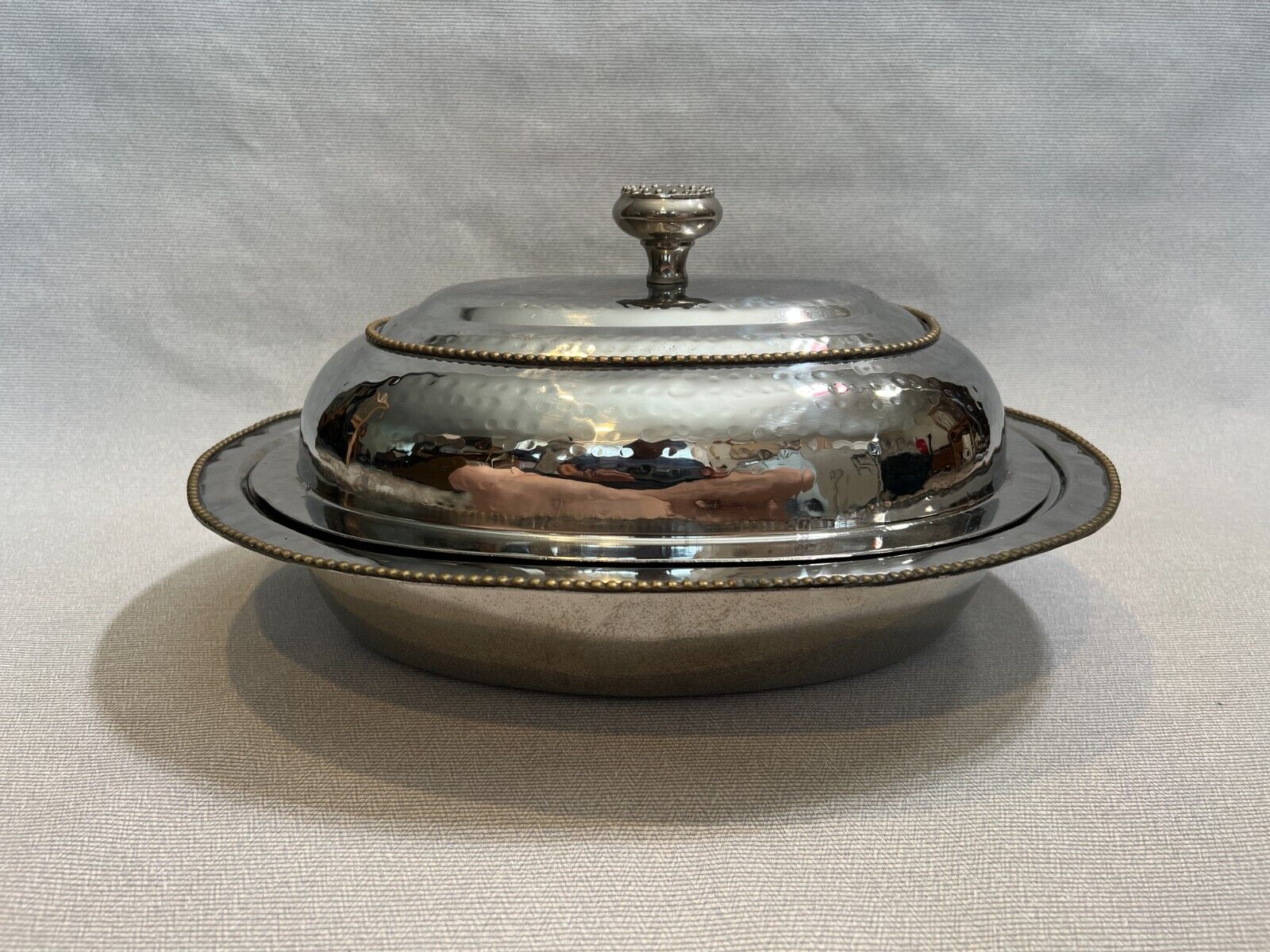 Vintage Large Hammered Silver Plated 3 Pcs Oval Meat Dome Warmer, 17" X 13"
