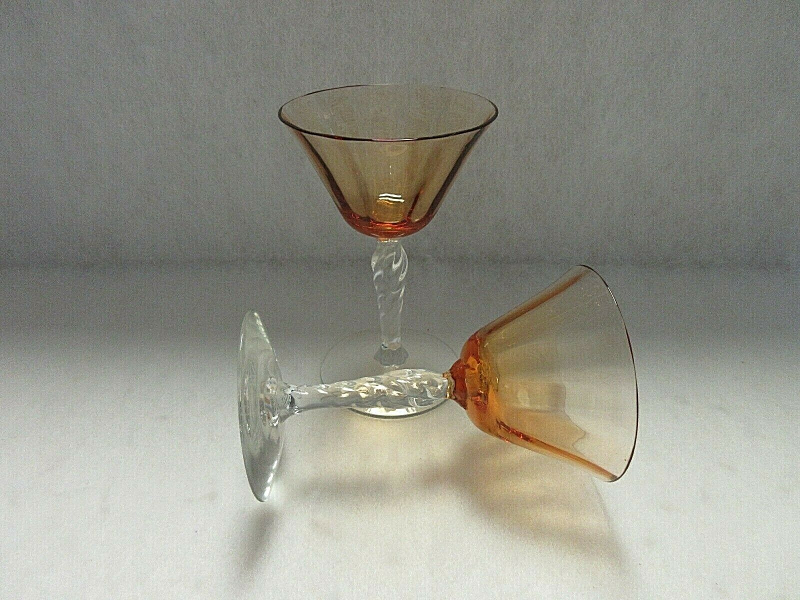 2 Fostoria Amber Ribbed Optic Bowl/twisted Clear Stem 3 Oz. Liquor Cocktails