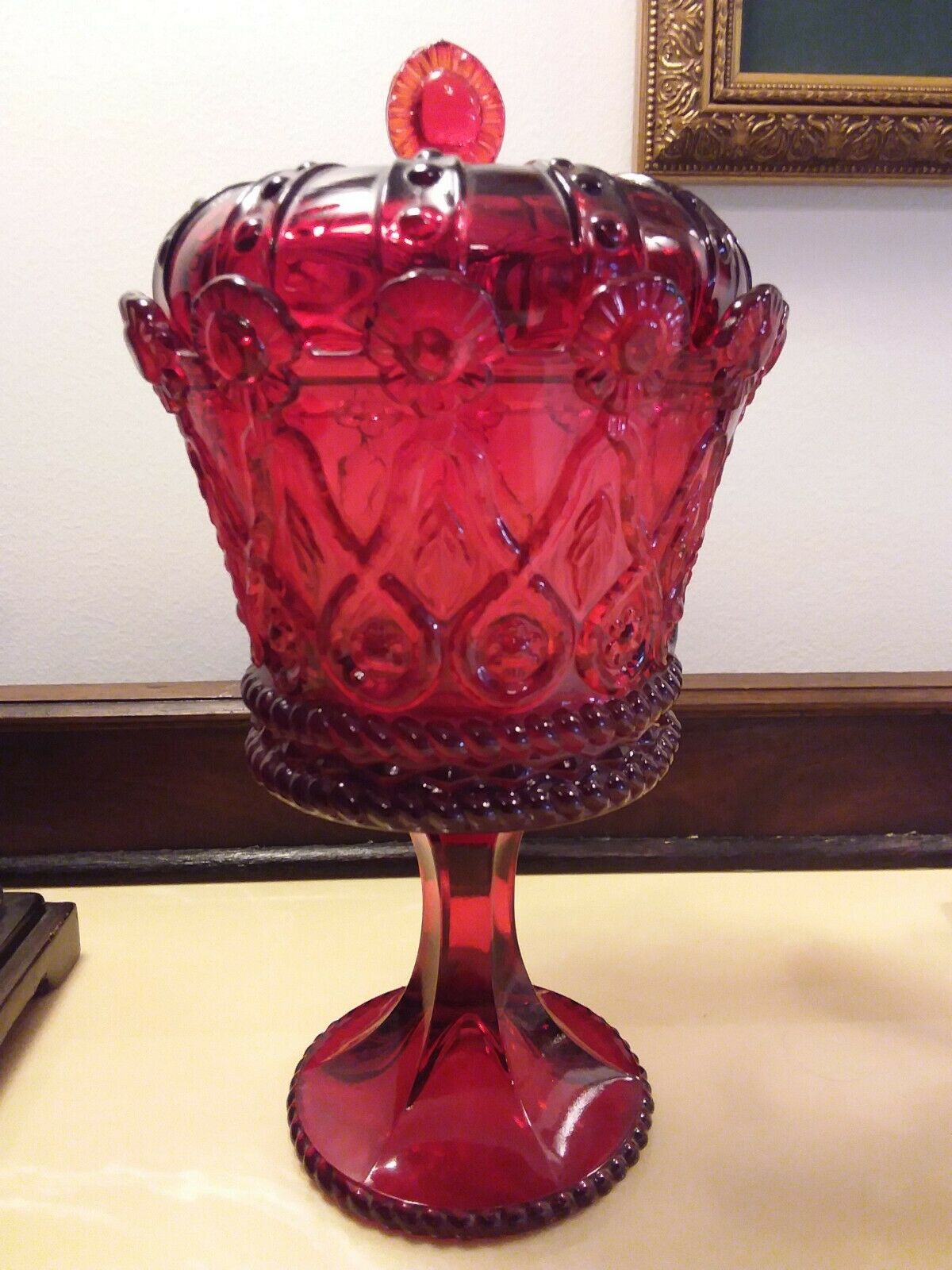 Vintage Fostoria Crown Collection Ruby  Hapsburg Chalice  / Candy / Tidbit W/lid