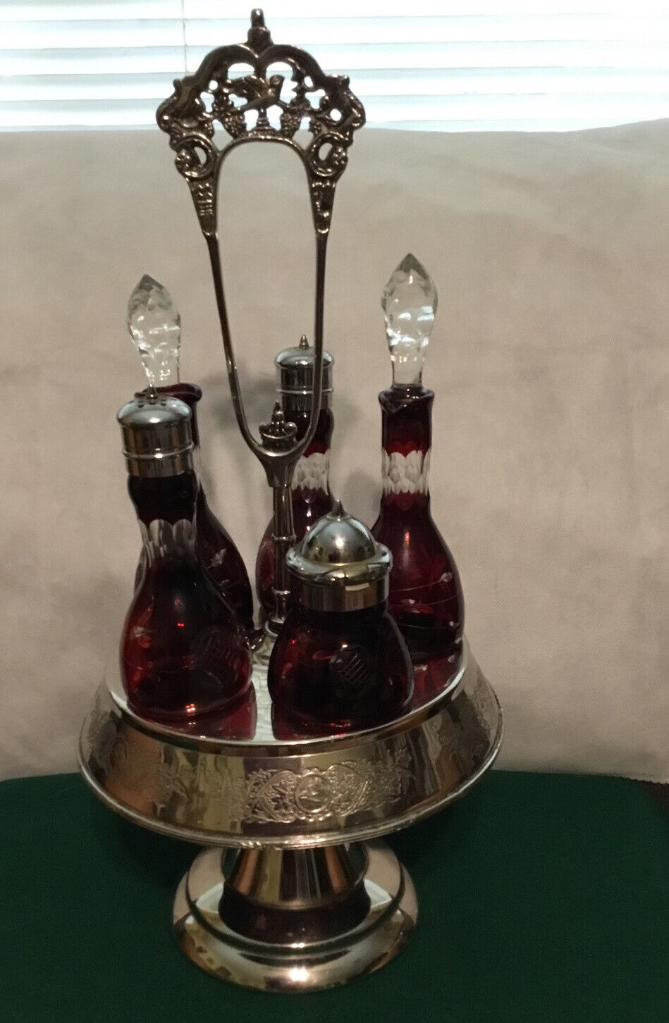 Victorian Silverplate Red-cut-to-clear Mermond &jacquard Condiment Set Bird/wolf
