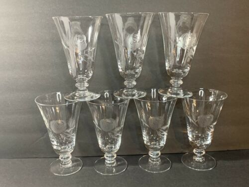 Set Of 7 -vintage Fostoria Footed Etched Rose Crystal Wine Water Goblets Glasses