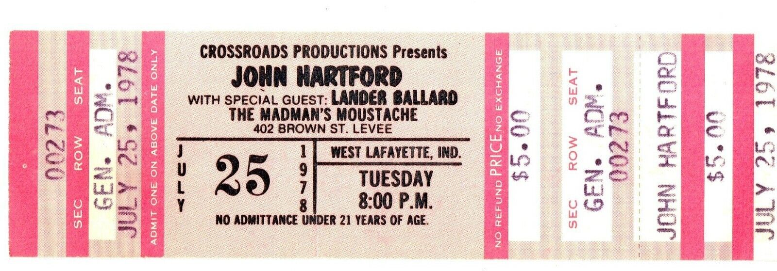Gr:  Unused John Hartford Concert Ticket, The Madman’s Moustache 7/25/1978