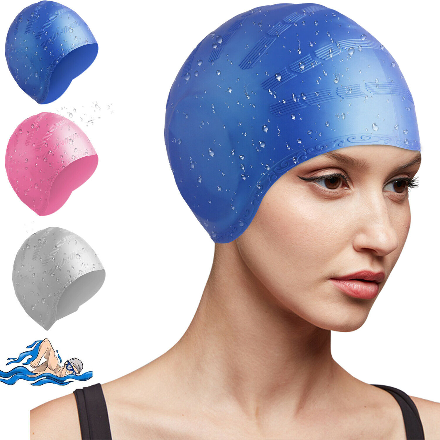 Silicone Swimming Cap Cover Ears Long Hair Clean Swim Pool For Adult Men Women